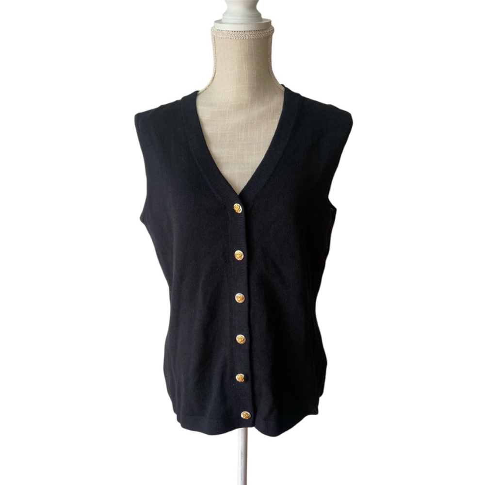 St. John sweater Vest womens size Medium Navy Blue Knit Sleeveless Gold Buttons